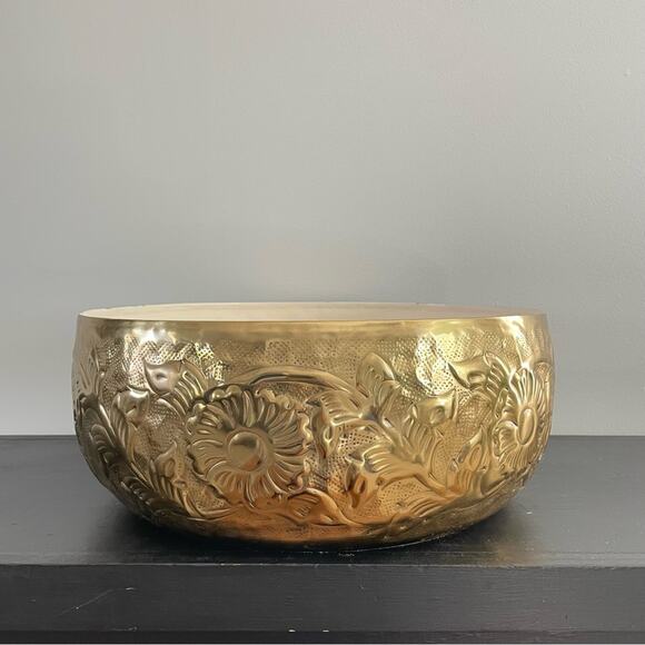 Vintage Large Floral Brass & Enamel Lined Fruit Bowl Mid Century MCM Decor Gold